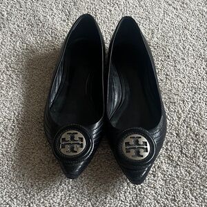Tory Burch Black Leather Flats with Silver Logo